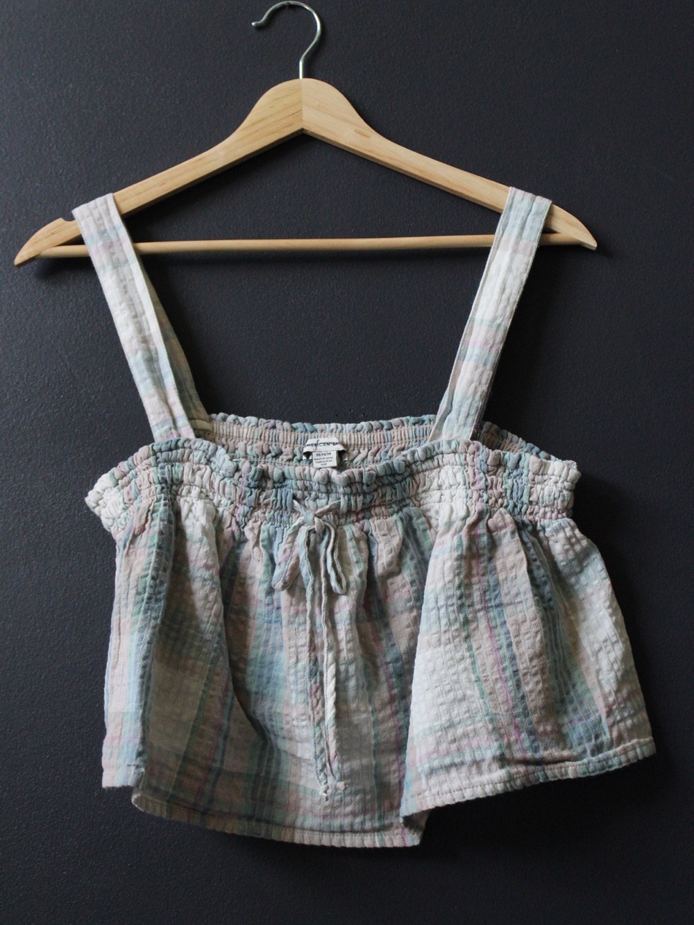 American Eagle Outfitters Pastel Plaid Smocked Crop Top - Soft Blue, Pink, Cream